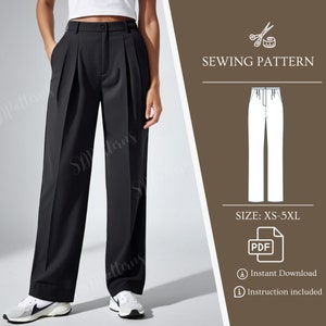 Patron PDF de pantalon plissé taille haute - Patron de couture de pantalons décontractés avec poches