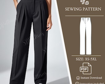 High Waisted Pleated Pants PDF Sewing Pattern Casual Button Pants Sewing Pattern Regular Pockets Trousers