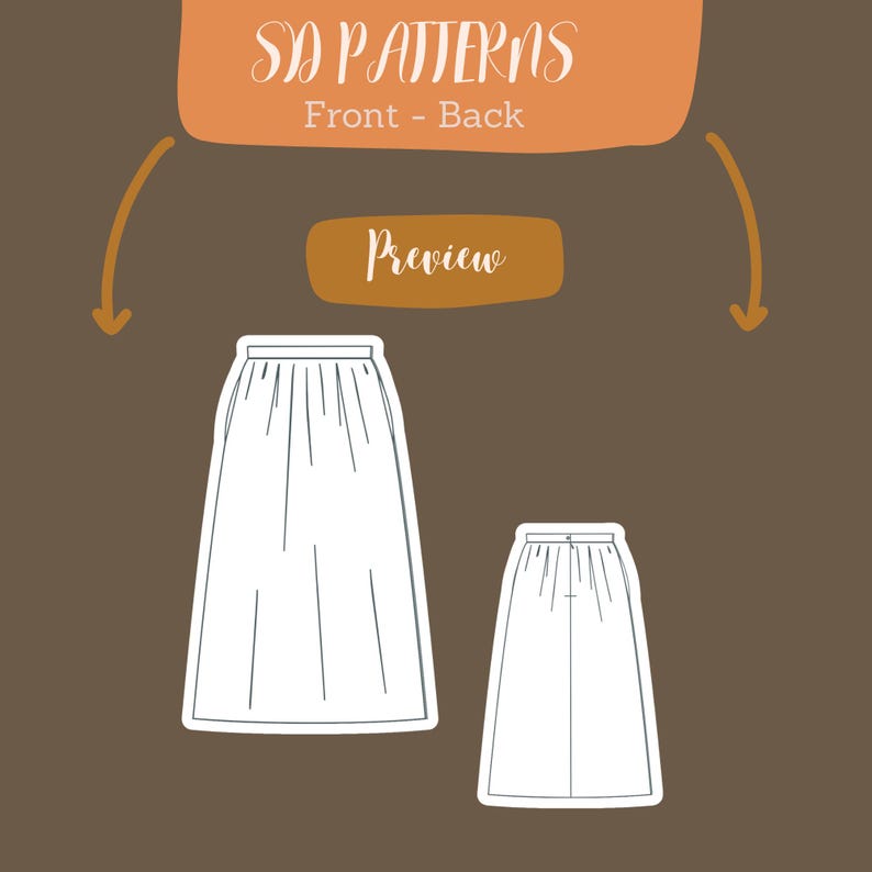 May include: A line drawing of a skirt pattern, showing the front and back views. The skirt is a simple, straight silhouette with a waistband and pleats.