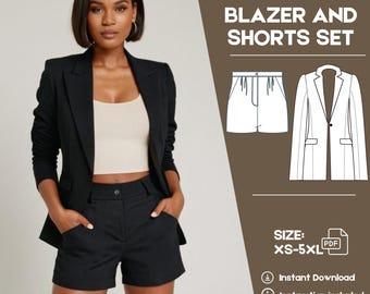 Set Shorts and Blazer Sewing Pattern, Bundle Project, Jacket Pattern, Pleated Short Pattern, Blazer Sewing, High Waist pockets shorts,
