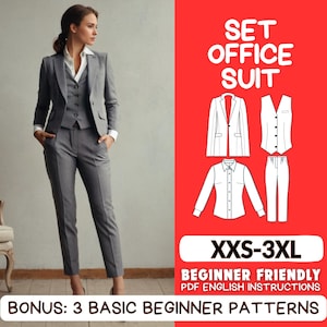 May include: A gray office suit sewing pattern with a woman wearing the suit. The pattern includes a jacket, vest, shirt, and pants. The pattern is available in sizes XXS-3XL and includes beginner-friendly instructions. The pattern also includes three basic beginner patterns.