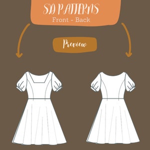 May include: A line drawing of a dress with a square neckline and puffed sleeves. The dress has a fitted bodice and a full skirt. The drawing shows the front and back views of the dress.