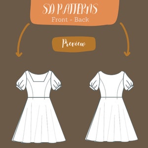 Puff sleeve women dress, babydoll pattern dress, square neck dress with pockets, back zipper, bohemian dress linen sewing pattern image 2