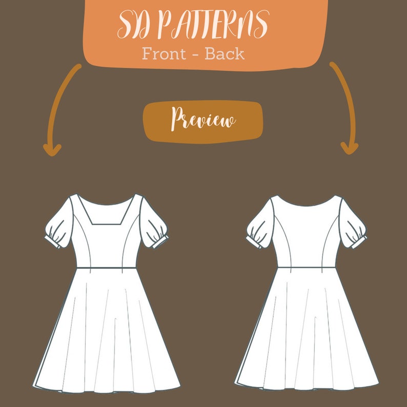 May include: A line drawing of a dress with a square neckline and puffed sleeves. The dress has a fitted bodice and a full skirt. The drawing shows the front and back views of the dress.
