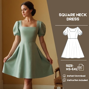 Puffärmel Frauen Kleid, Babydoll-Muster Kleid, Kleid mit quadratischem Hals mit Taschen, Reißverschluss hinten, Boho Kleid Leinen Schnittmuster