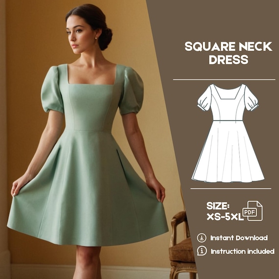 Puff Sleeve Women Dress, Babydoll Pattern Dress, Square Neck Dress With  Pockets, Back Zipper, Bohemian Dress Linen Sewing Pattern - Etsy UK