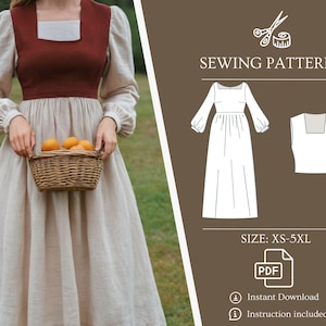 Puede incluir: Un patrón de costura para un vestido largo blanco con escote cuadrado y mangas abullonadas. El patrón incluye instrucciones y está disponible en tallas XS-5XL. El patrón está disponible para descarga instantánea.