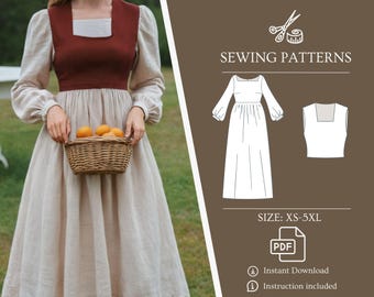 Set Vintage Cottagecore Dress and Top Sewing Pattern, Long Sleeve Historical Dress, Renaissance Inspired Dress, Linen Dress, PDF Pattern