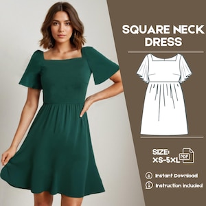 Puede incluir: Un vestido verde de cuello cuadrado con mangas cortas abullonadas. El vestido tiene un corpiño ajustado y una falda fluida. El vestido está disponible en tallas XS-5XL. El listado incluye una descarga instantánea e instrucciones.