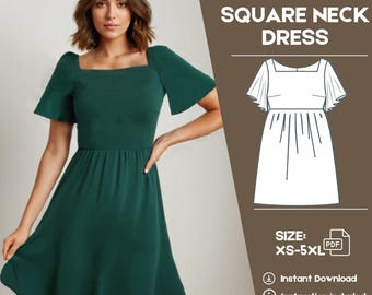 Babydoll Dress Sewing Pattern: Square Neck, Flared Sleeve (A4/Letter PDF)