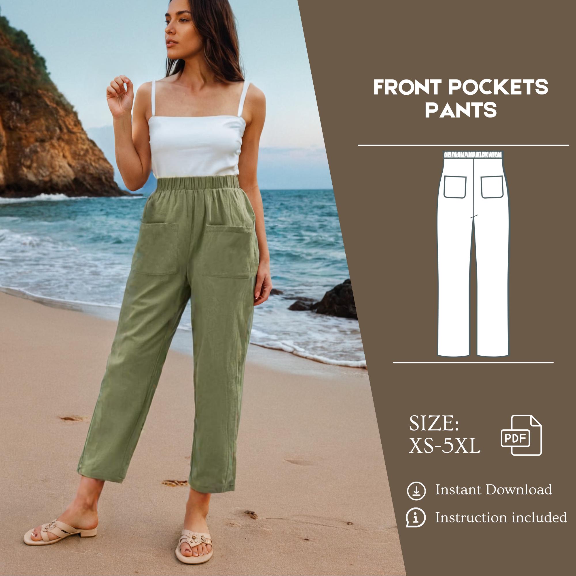 Dual Pocket Elastic Waist Linen Pants Sewing Patterns Elastic Waist Easy PDF Women Pants Patterns
