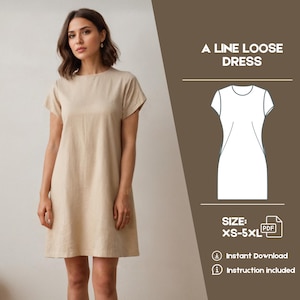 May include: A line loose dress sewing pattern in PDF format. The pattern includes instructions and is available in sizes XS-5XL.