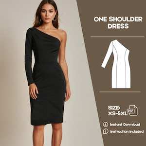 Modello di abito da cucito monospalla, modello di abito PDF da scaricare immediatamente, taglie USA 2-20, modello di abito elegante per taglie forti