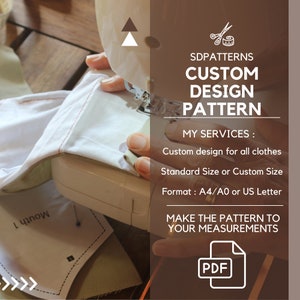 May include: A sewing machine with a white fabric being sewn. The image has text that reads "SDPATTERNS CUSTOM DESIGN PATTERN MY SERVICES: Custom design for all clothes Standard Size or Custom Size Format: A4/A0 or US Letter MAKE THE PATTERN TO YOUR MEASUREMENTS PDF".