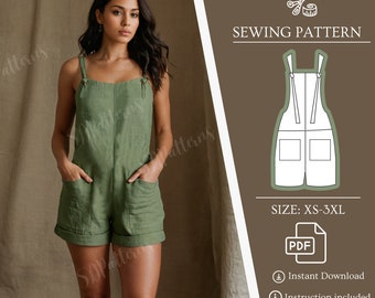 Jumpsuit PDF Sewing Pattern, Loose Pant, Romper Sewing, XS-5XL, Linen Pants, Pockets, Shorts, Instant Download