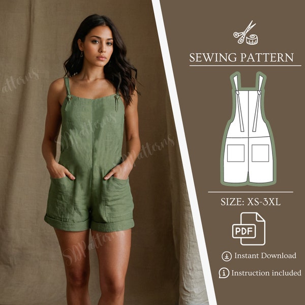 Jumpsuit PDF Sewing Pattern, Loose Pant, Romper Sewing, XS-5XL, Linen Pants, Pockets, Shorts, Instant Download
