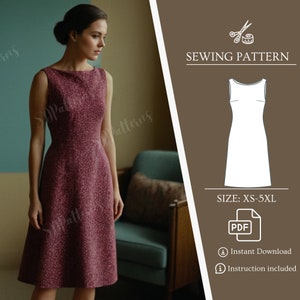 Simple Sewing Dress, PDF Pattern, Formal dress, boat neck dress, classic dress, sleeveless dress, XS - 5XL , US 2-30