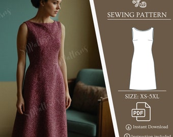 Simple Sewing Dress, PDF Pattern, Formal dress, boat neck dress, classic dress, sleeveless dress, XS - 5XL , US 2-30