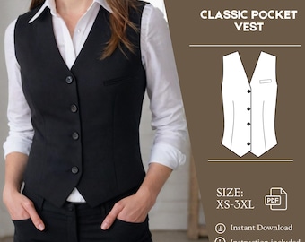 Women's Classic Vest Sewing Pattern – Fitted Buttoned Vest – DIY Tailored Vest PDF Sewing Pattern - Women Waistcoat Jacket