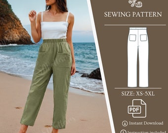Dual Pocket Elastic Waist Linen Pants Sewing Patterns Elastic Waist Easy PDF Women Pants Patterns