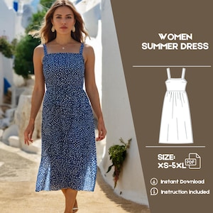 Patrón de costura de vestido de verano / Vestido midi de tirantes en PDF / Patrón DIY para principiantes / Patrón de vestido de fiesta / Descarga instantánea