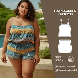 May include: A digital pattern for a sleeveless top and shorts. The pattern is available in sizes XS-3XL. The pattern is for instant download and includes instructions.