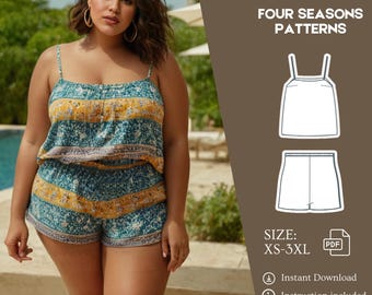 Cami shorts and Spaghetti Top Sewing Patterns, Boho Set, Beach set clothes, Plus Size Bundle Shorts and Straps T-Shirt, XS - 5XL