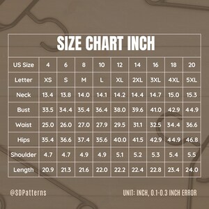 Pu&ograve; includere: Tabella delle taglie in pollici per abbigliamento, che mostra le misure di collo, busto, vita, fianchi, spalle e lunghezza. Le taglie vanno dalla XS alla 5XL.