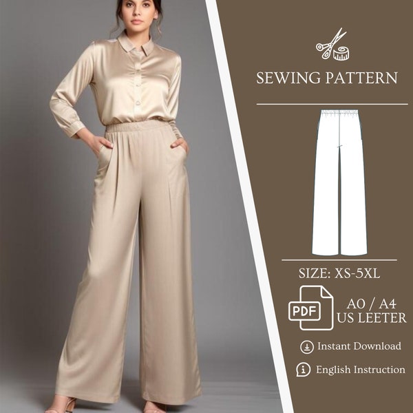 Tulip pant sewing pattern, Wide Leg Pants, Women Pockets Pant sewing pattern, PDF sewing pattern, Classy pant pattern