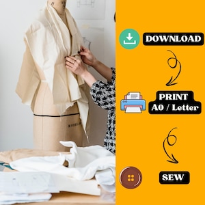 Pode incluir: Um tecido branco drapeado sobre um manequim, com uma m&atilde;o ajustando o tecido. A imagem inclui texto que diz "DOWNLOAD", "PRINT A0 / Letter", e "SEW".