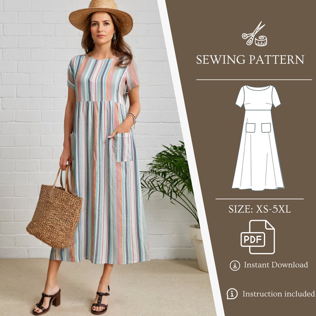 High Waist Dress Sewing Pattern Linen Dress Stiped Dress With Pockets ...