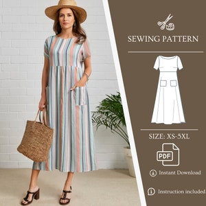 High Waist Dress Sewing Pattern Linen Dress Stiped Dress with Pockets Midi Dress PDF Digital A4 Letter Pattern