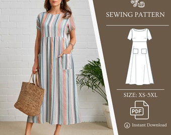 High Waist Dress Sewing Pattern Linen Dress Stiped Dress with Pockets Midi Dress PDF Digital A4 Letter Pattern
