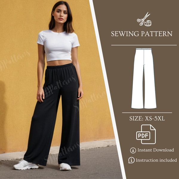 PDF Sewing Pants, Elastic waist pants, Women sewing pattern, Easy sew pants