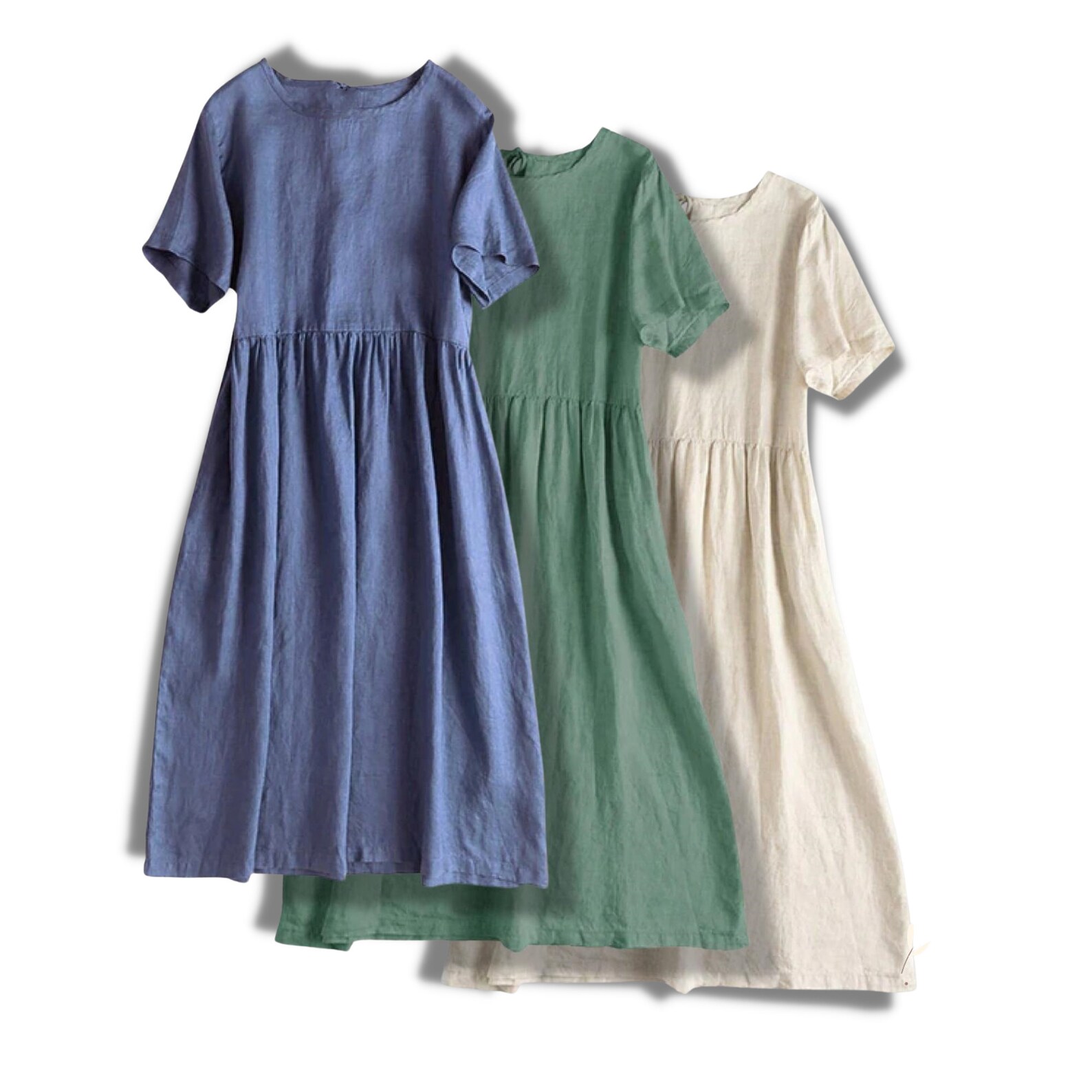 Gathered Waist Linen Dress | Beige