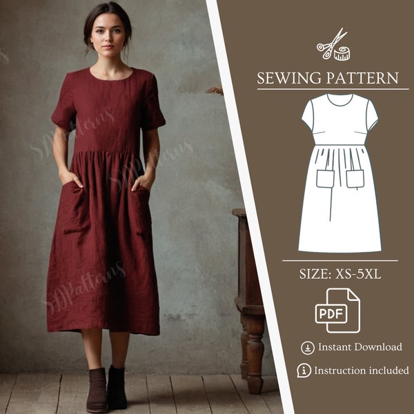 Gathered Dress Sewing Pattern, Patch Front Pockets, A-Line Dress, Short Sleeve, Linen Dress, PDF Digital Pattern, XS-5XL