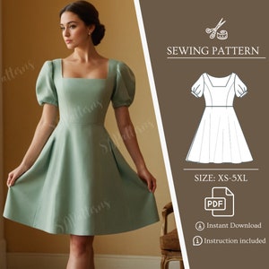 Puff sleeve women dress, babydoll pattern dress, square neck dress with pockets, back zipper, bohemian dress linen sewing pattern image 1