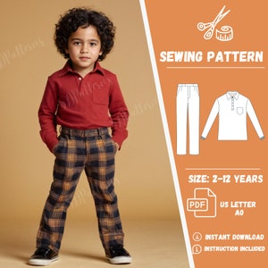 May include: Sewing pattern for a long-sleeved shirt and pants for children ages 2-12 years. The pattern is available in US Letter and A0 sizes. The pattern includes instructions and is available for instant download.