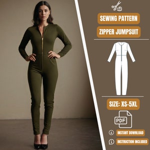Könnte beinhalten: Olivgrüner Jumpsuit mit Reißverschluss und langen Ärmeln. Das Bild enthält eine Schnittmustergrafik mit dem Text "SEWING PATTERN ZIPPER JUMPSUIT" und der Größenangabe "XS-5XL".