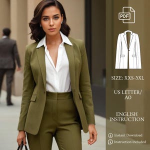 以下が含まれることがあります： シングルボタン留めのグリーンブレザーのPDF縫製パターン。パターンには説明書が含まれており、XXS-3XLサイズでご利用いただけます。パターンはUSレター/A0用紙用です。