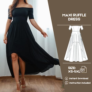 Modello di cucito per abito da ballo con spalle scoperte e orlo alto e basso in PDF Modello di cucito per abito da damigella d'onore taglia XS - 5XL