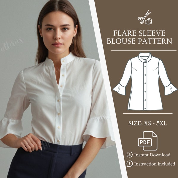 Women Flare Sleeve Blouse, PDF Pattern Casual Oversized Shirt, Sewing Pattern, Office White Blouse, Summer Shirt,  Digital Pattern