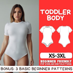 Könnte beinhalten: Ein digitaler Download-Schnittmuster für einen Babybody, mit einem weißen Body an einem Model und einer Strichzeichnung des Musters in Vorder- und Rückansicht. Das Schnittmuster ist in den Größen XS-3XL erhältlich und beinhaltet anfängerfreundliche Anleitungen. Der Text "TODDLER BODY" und "XS-3XL" ist in roter Schrift. Der Text "BEGINNER FRIENDLY PDF ENGLISH INSTRUCTIONS" ist in schwarzer Schrift. Der Text "BONUS: 3 BASIC BEGINNER PATTERNS" ist in schwarzer Schrift.