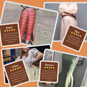 Puede incluir: Cuatro rese&ntilde;as para patrones de costura, cada una con un sistema de calificaci&oacute;n de cinco estrellas y una breve descripci&oacute;n del patr&oacute;n. Las rese&ntilde;as son para un patr&oacute;n de pantalones rosa y dorado, un patr&oacute;n de vestido rosa claro, un patr&oacute;n de vestido verde y un patr&oacute;n de camisa a rayas marr&oacute;n y blanca.