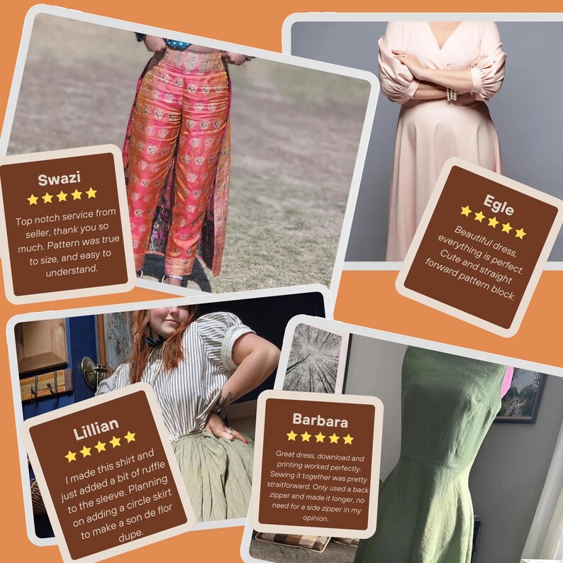 Puede incluir: Cuatro rese&ntilde;as para patrones de costura, cada una con un sistema de calificaci&oacute;n de cinco estrellas y una breve descripci&oacute;n del patr&oacute;n. Las rese&ntilde;as son para un patr&oacute;n de pantalones rosa y dorado, un patr&oacute;n de vestido rosa claro, un patr&oacute;n de vestido verde y un patr&oacute;n de camisa a rayas marr&oacute;n y blanca.