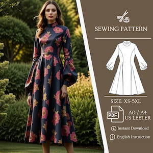 Flared Midi Sewing Dress Lantern Sleeve Stand Collar Back Buttoned Dress, Instant Download PDF A0 A4 US Letter, Sewing Pattern XS-5XL