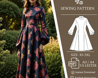 Flared Midi Sewing Dress Lantern Sleeve Stand Collar Back Buttoned Dress, Instant Download PDF A0 A4 US Letter, Sewing Pattern XS-5XL