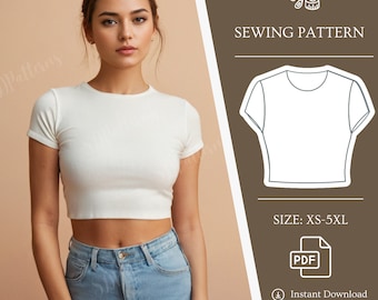 Women Crop Top Sewing Pattern, Simple Easy PDF Pattern, Summer Crop Top, XS-5XL US Size, T-shirt sewing Pattern, Short Tunic