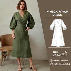 May include: A digital sewing pattern for a V-neck wrap dress with long sleeves. The pattern includes instructions and is available in sizes XS-5XL.