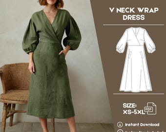 Surplice Kleid Schnittmuster, XS - 5XL Anleitung, Sommer Leinenkleid Schnittmuster, Tea Maxi Kleid Schnittmuster, einfache Anleitung